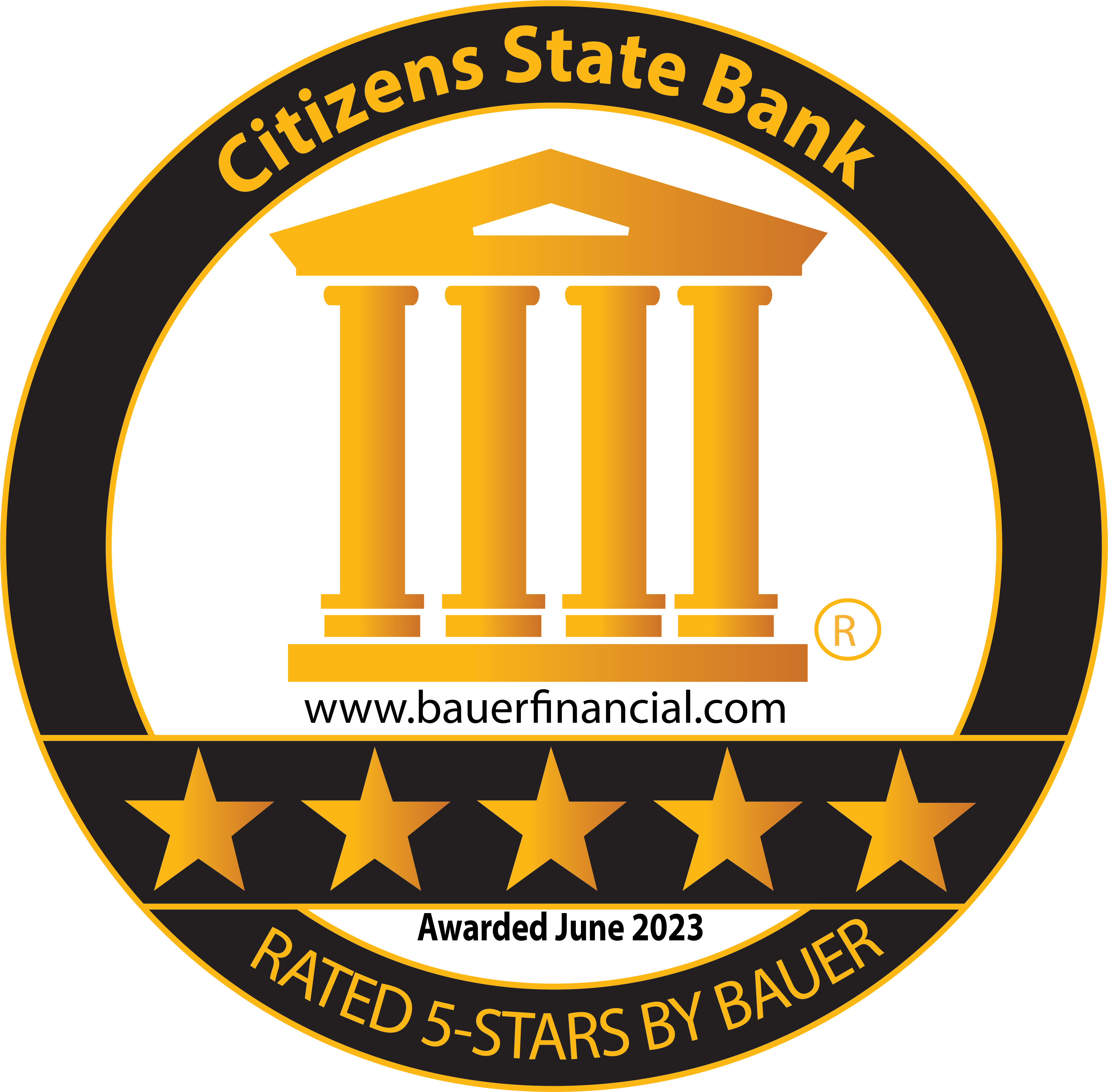 Logo of a gold building with columns in a black circle rating Citizens State Bank 5-Stars by Bauer.